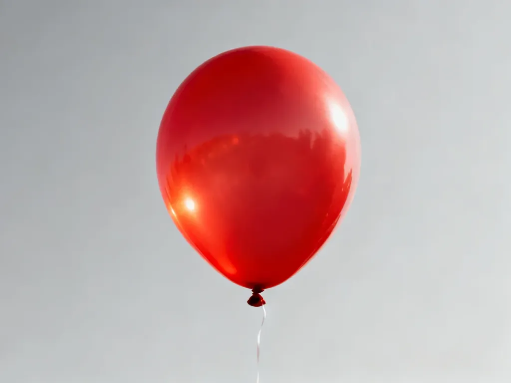 Pojedynczy, czerwony balon lateksowy unoszący się na neutralnym tle, prezentujący estetykę dekoracji imprezowych.