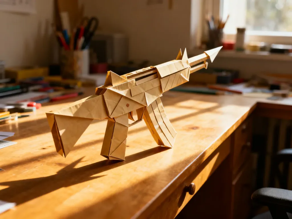 Papierowy pistolet typu origami leżący na drewnianym biurku w słonecznym warsztacie rzemieślniczym.
