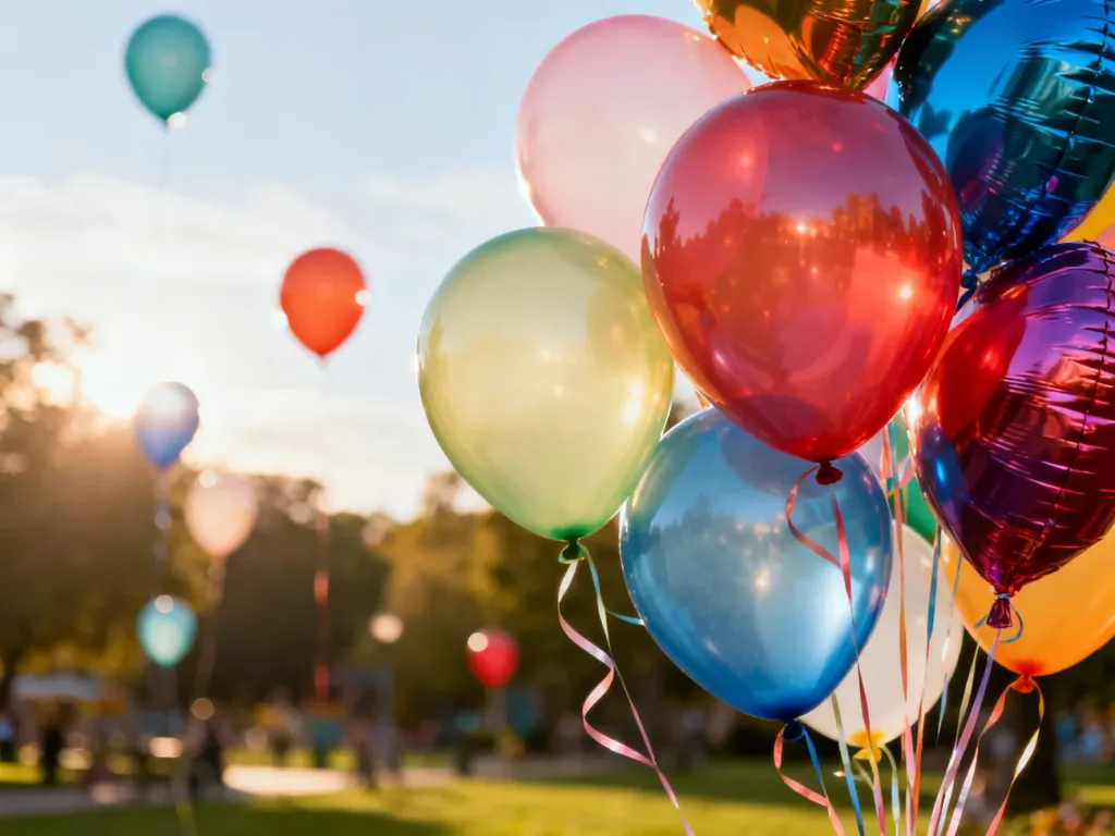 Kolorowe balony lateksowe i foliowe unoszące się na tle słonecznego parku, idealne na każdą uroczystość.