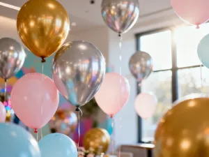 Profesjonalna dysza do napełniania balonów helem oraz częściowo wypełniony kolorowy balon na stole warsztatowym.