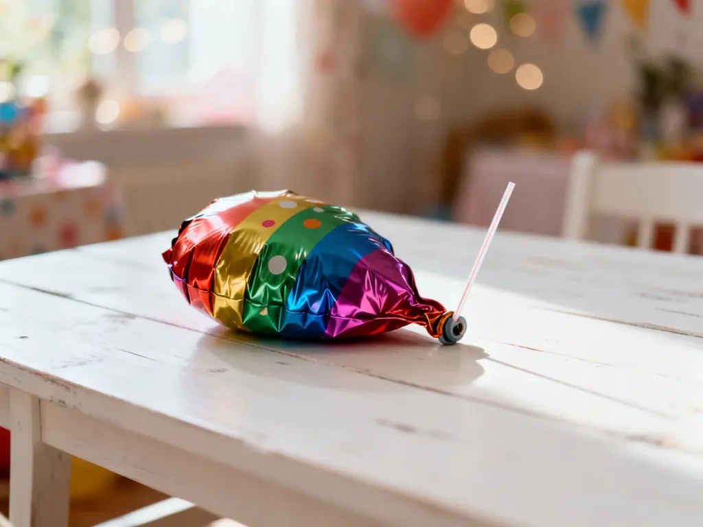 Słomka włożona w zawór foliowego balonu, umożliwiająca wypuszczenie z niego powietrza na białym stole.