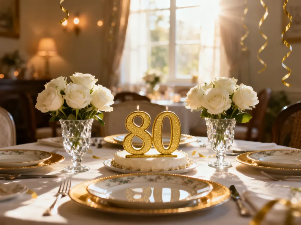 Elegancko nakryty stół z dekoracją „80” i białymi różami, przygotowany na uroczyste przyjęcie urodzinowe.