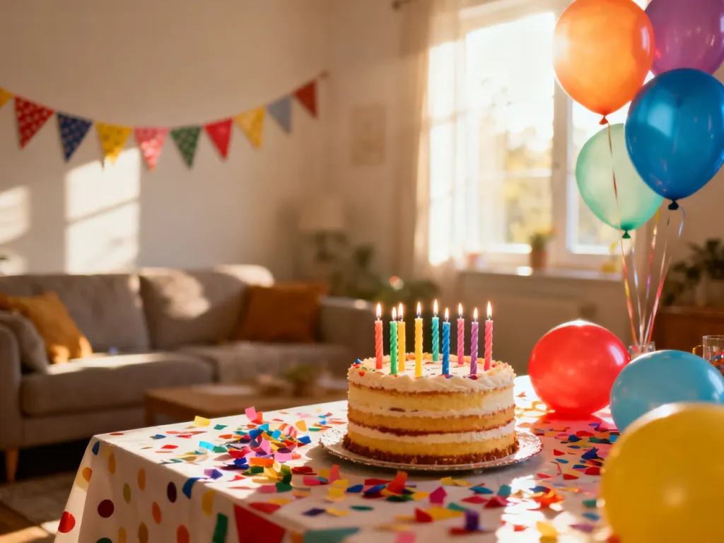 Kolorowy stół urodzinowy z tortem, balonami i konfetti w przytulnym salonie przygotowanym na przyjęcie dla dziecka.
