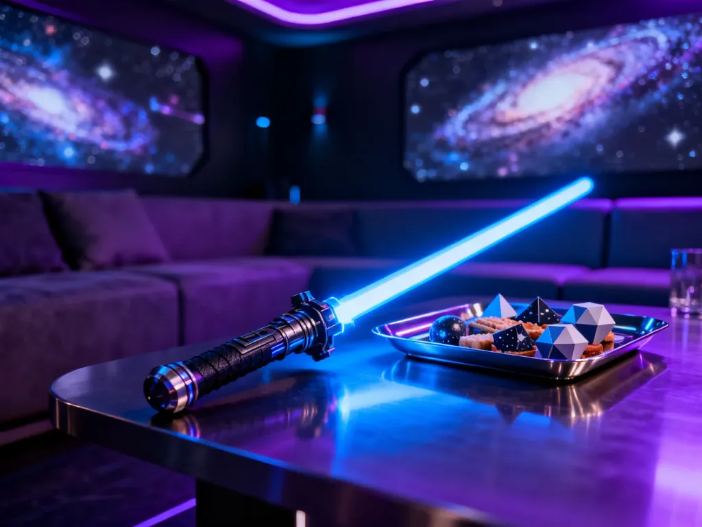 Stół z przekąskami w stylu science-fiction z podświetlanym mieczem świetlnym, idealny na imprezę w klimacie Star Wars.