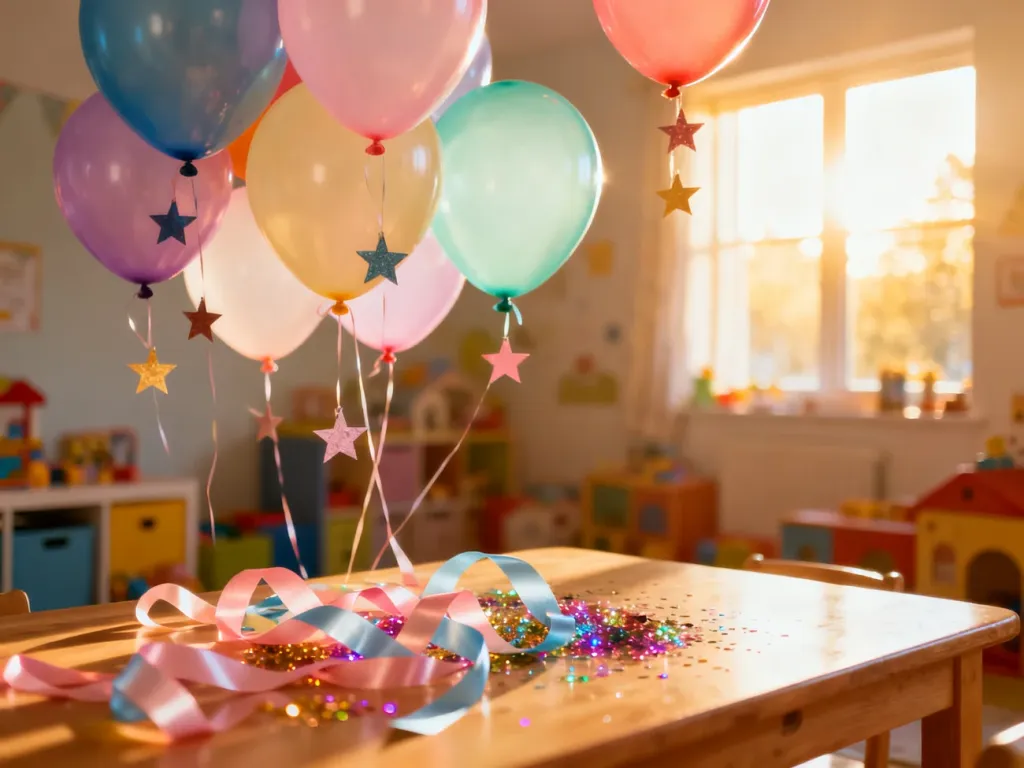 Kolorowe balony ozdobione wstążkami i gwiazdkami, tworzące radosną dekorację urodzinową w słonecznym pokoju dziecięcym.
