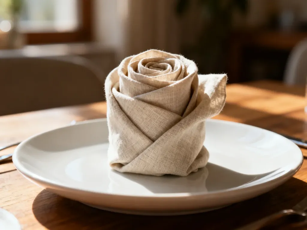 Elegancka serwetka z tkaniny złożona w kształt róży na białym talerzu, stanowiąca dekorację nakrycia stołu.