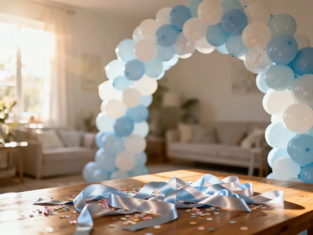 Elegancka girlanda z pastelowych balonów w odcieniach błękitu i bieli, tworząca świąteczny nastrój na baby shower.
