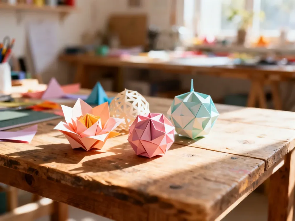 Ręcznie wykonane papierowe kwiaty i geometryczne ozdoby na rustykalnym stole, prezentujące pomysły na dekoracje DIY.