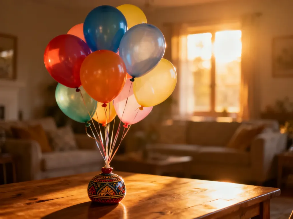 Kolorowy bukiet balonów z helem przywiązany do ozdobnego ciężarka na drewnianym stole w przytulnym salonie.