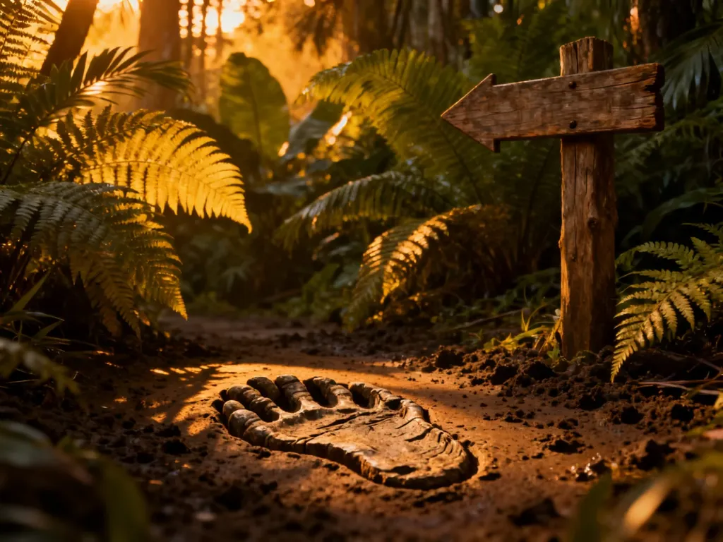Drogowskaz prowadzący do gęstej dżungli z odciskiem łapy dinozaura na błotnistej ziemi, budujący klimat przygody Jurassic Park.