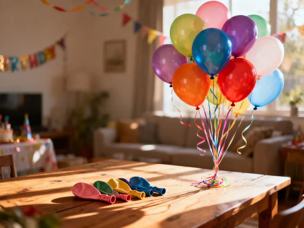 Kolorowe balony z helem unoszące się nad stołem w zestawieniu z płasko leżącymi, nienapompowanymi balonami.