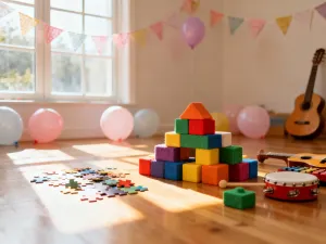 Kolorowa girlanda z balonów w pastelowych odcieniach, montowana na przezroczystej taśmie w jasnym salonie.
