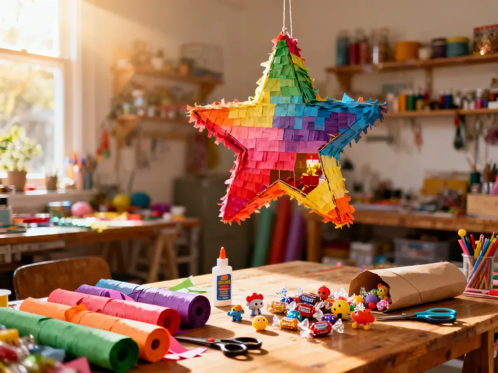 Kolorowa piniata w kształcie gwiazdy na stole z materiałami do rękodzieła, słodyczami i drobnymi upominkami.