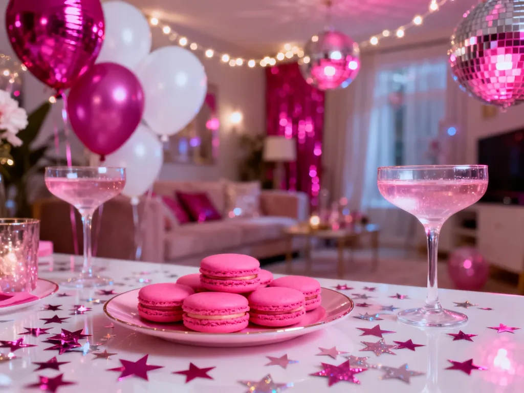 Elegancki stół z różowymi makaronikami i koktajlami na tle sali udekorowanej balonami w stylu Barbie.