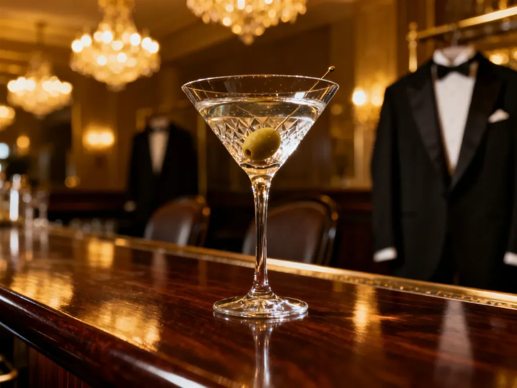 Kieliszek martini z oliwką na eleganckim barze, budujący luksusowy klimat imprezy w stylu Jamesa Bonda.