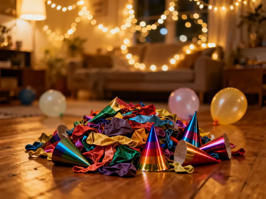 Kolorowe czapki urodzinowe i balony na podłodze w przytulnym, wieczornym świetle, symbolizujące koniec dziecięcego przyjęcia.