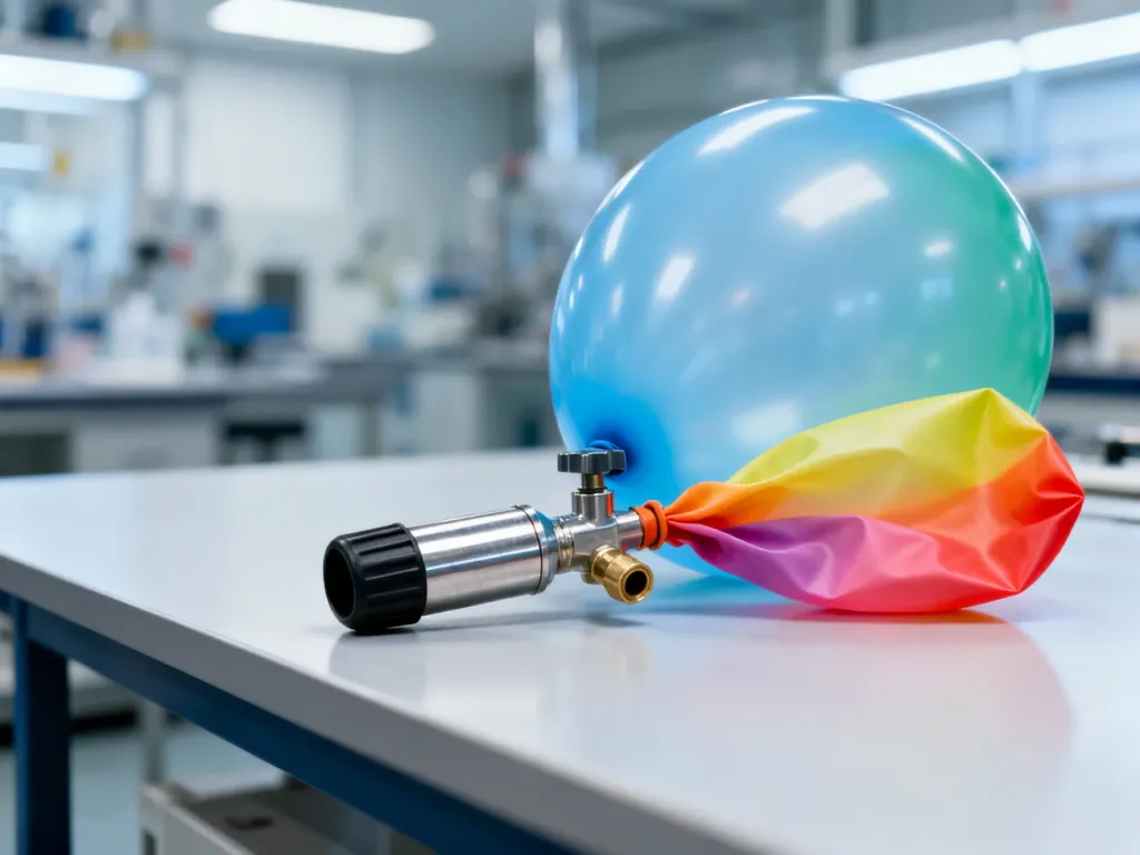 Profesjonalna dysza do napełniania balonów helem oraz częściowo wypełniony kolorowy balon na stole warsztatowym.