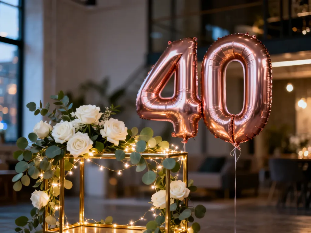 Elegancka ścianka na 40. urodziny z balonem w kształcie liczby 40, złotą ramą, białymi różami i nastrojowym oświetleniem.