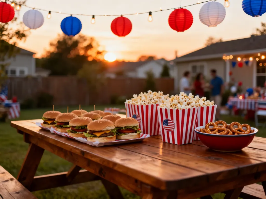 Stół z amerykańskimi przekąskami, takimi jak burgery i popcorn, na tle ogrodu udekorowanego w barwach USA.