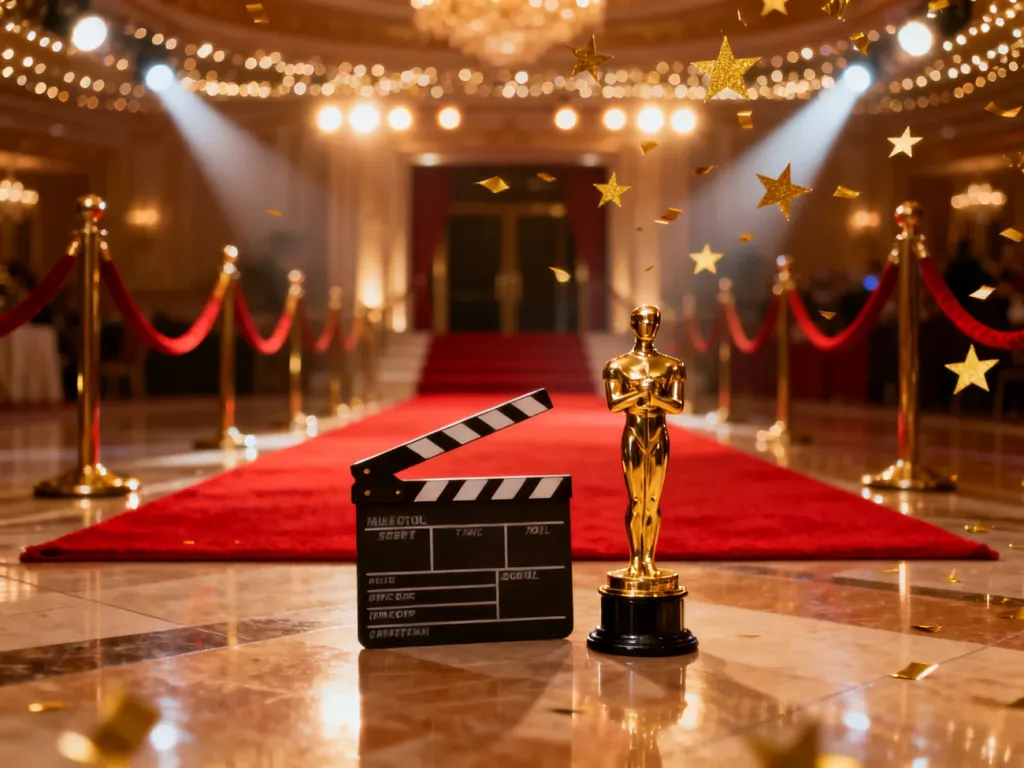 Czerwony dywan prowadzący do sali balowej, udekorowany złotą statuetką i klapsem filmowym w klimacie hollywoodzkiej gali.