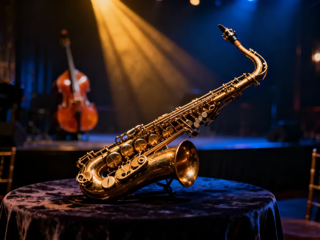 Złoty saksofon na aksamitnym stole w klimatycznym klubie jazzowym, tworzący nastrojową atmosferę wieczoru.