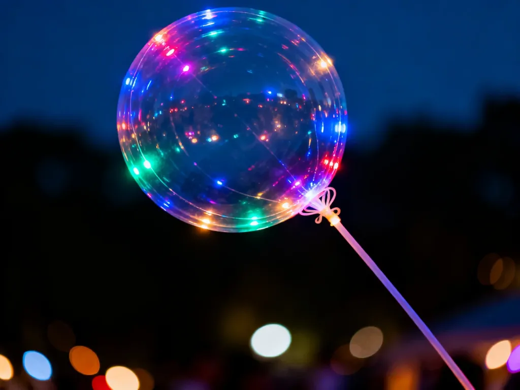 Przezroczysty balon z kolorowymi diodami LED na eleganckim patyczku, świecący w ciemnym otoczeniu z efektem bokeh.