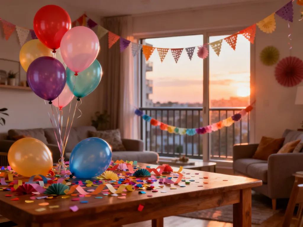 Kolorowe balony, konfetti i papierowe girlandy na stole w przytulnym salonie, tworzące świąteczną atmosferę urodzinową.