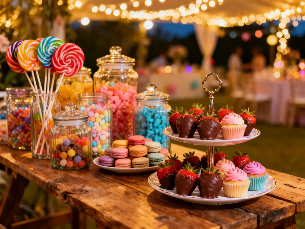 Kolorowy candy bar na drewnianym stole z różnorodnymi słodyczami, babeczkami i owocami w czekoladzie na przyjęciu.