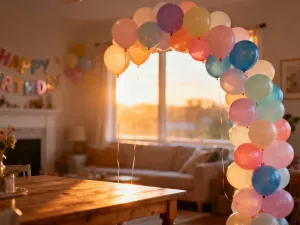 Kolorowy stół urodzinowy z tortem z cyfrą 7, balonami i girlandami, przygotowany na przyjęcie dla chłopca.