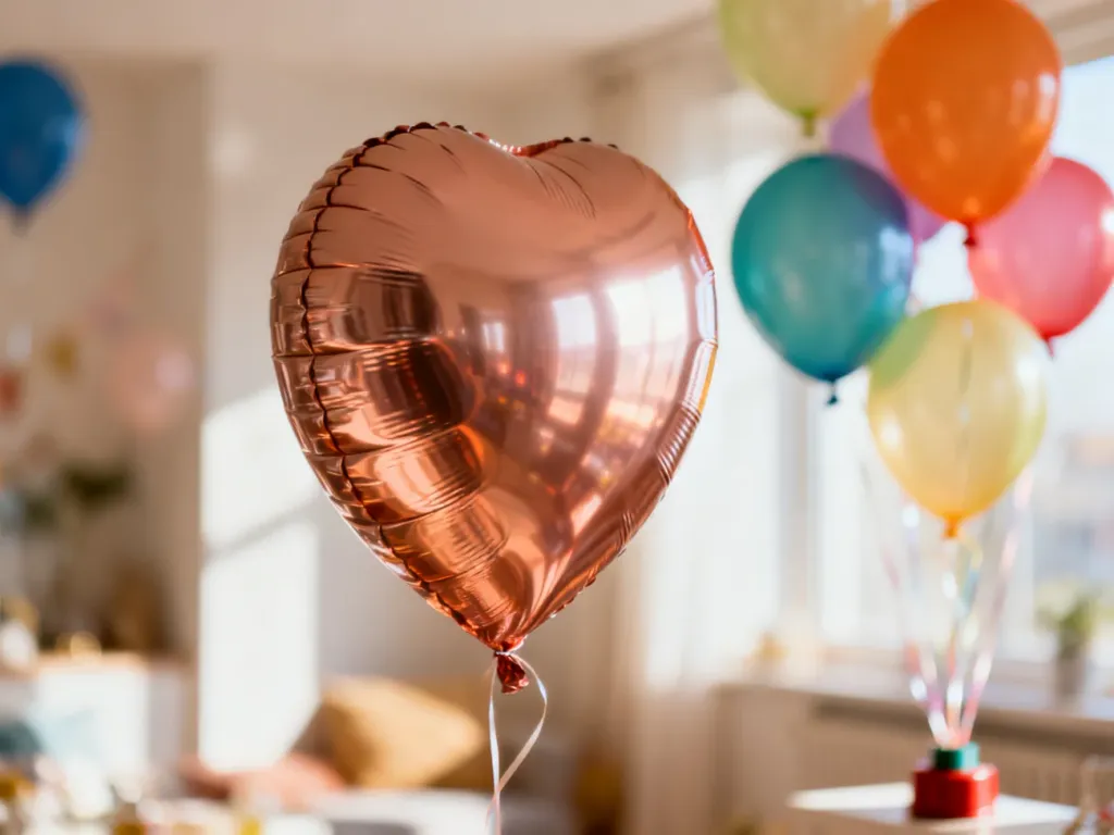 Metalizowany balon foliowy unoszący się w jasnym wnętrzu, wyróżniający się trwałością na tle kolorowych balonów lateksowych.